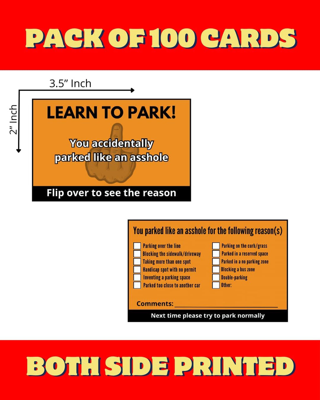 You Parked Like an Asshole (Pack of 100) Bad Parking Cards 3.5"x2" Multi Reasons Violation Stocking Stuffers for Adults/Prank Items/Double Sided (Parked like an idiot)