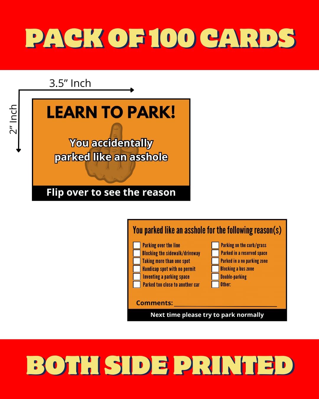 You Parked Like an Asshole (Pack of 100) Bad Parking Cards 3.5"x2" Multi Reasons Violation Stocking Stuffers for Adults/Prank Items/Double Sided (Parked like an idiot)