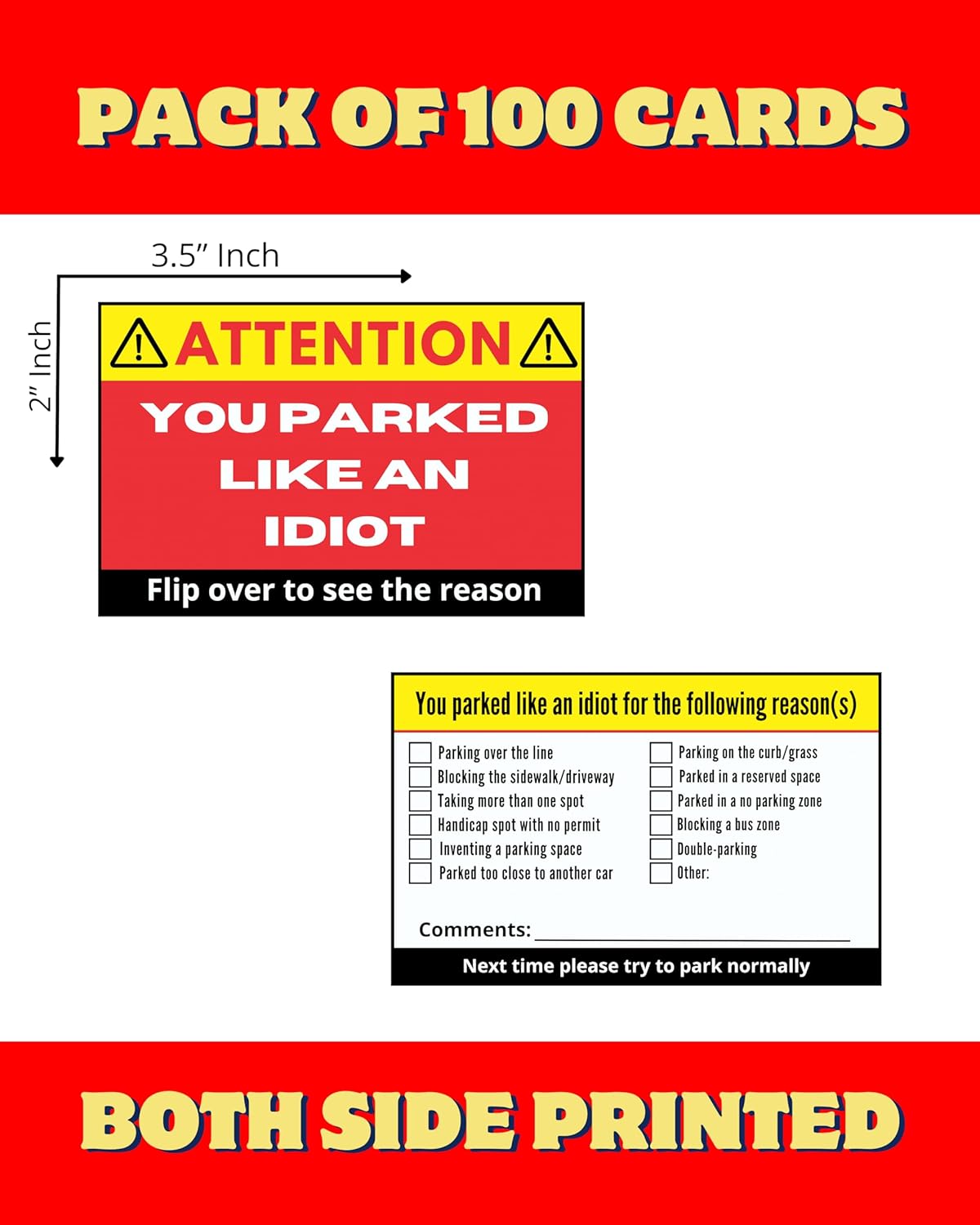 You Parked Like an Idiot (Pack of 100) Bad Parking Cards Practical Joke Card
